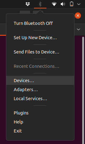 The Bluetooth menu behind the Bluetooth Icon. The highlighted menu item is "Devices..."