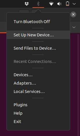 Bluetooth menu with item "Set up new device" selected.