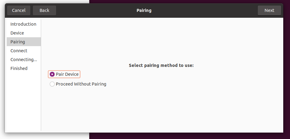 Selection of pairing mode in the Setup Assistant.